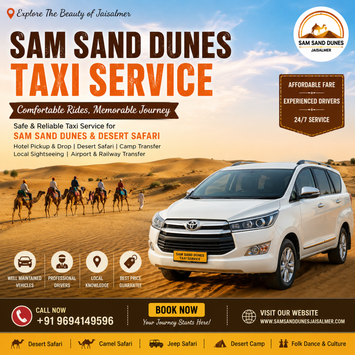 Advertisement poster for Sam Sand Dunes Taxi Service featuring a white SUV in a desert with camel caravans at sunset; includes booking and contact details and website.