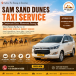 Advertisement poster for Sam Sand Dunes Taxi Service featuring a white SUV in a desert with camel caravans at sunset; includes booking and contact details and website.